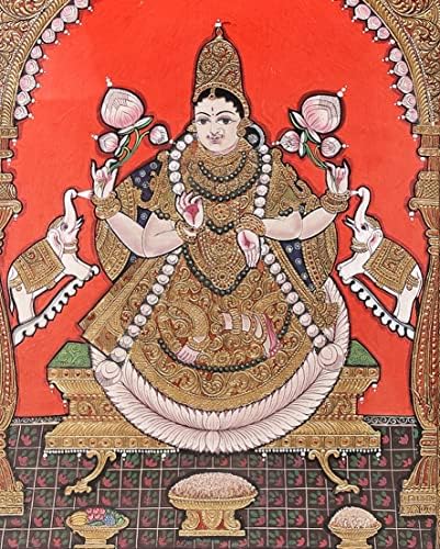 הודו האקזוטי 21 x 27 Padmasana gajalakshmi tanjore ציור | צבעים מסורתיים עם זהב 24 קראט | מסגרת עץ טיק